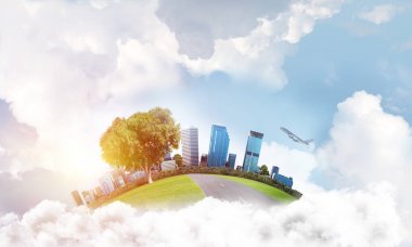 Gökyüzünde bulutların üzerinde yüzen binalar ve gökdelenlerle modern şehir manzarası