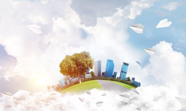 Gökyüzünde bulutların üzerinde yüzen binalar ve gökdelenlerle modern şehir manzarası