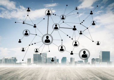 Ahşap zemin ve ekranda sosyal bağlantı kavramı ile ağ ile modern cityscape