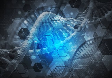 Dna molekülü araştırma kavramı, 3d render ile arka plan