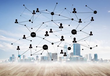 Ahşap zemin ve ekranda sosyal bağlantı kavramı ile ağ ile modern cityscape