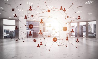 Modern ofis bulanık arka plan, ağ kavramı noktalı çizgiler bağlı 