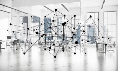 Modern ofis bulanık arka plan, ağ kavramı noktalı çizgiler bağlı 