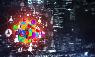 Dijital Küp şekil ve sosyal bağlantı çizgileri koyu arka plan, Internet kavramı ve ağ, 3d render