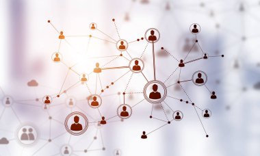 Modern ofis bulanık arka plan, ağ kavramı noktalı çizgiler bağlı 