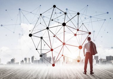 İşadamı arkasını kolluyor ve ağ çizimi kavramına bakıyor