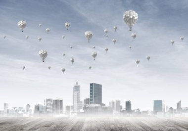 Sis ve balon gökyüzünde modern cityscape gökdelenler ve Binalar ile kaplı