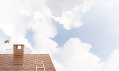 Kahverengi tuğla çatı baca mavi gökyüzü arka plan ile. Karışık teknik