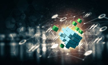 Dijital Küp şekil ve sosyal bağlantı çizgileri koyu arka plan, Internet kavramı ve ağ, 3d render