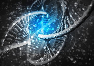 Dna molekülü araştırma kavramı, 3d render ile arka plan