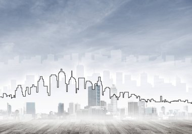 Elle çizilmiş siluet modern şehir manzarasının üzerinde kuleler ve gökdelenlerle