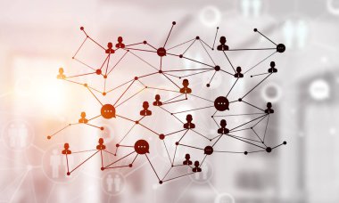Modern ofis bulanık arka plan, ağ kavramı noktalı çizgiler bağlı 