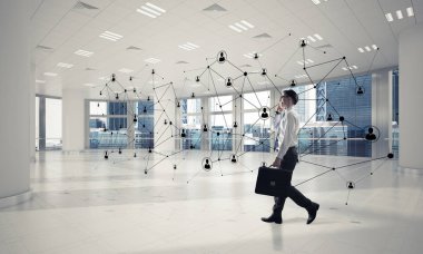 Zarif işadamı 3d ofis iç ve sosyal bağlantı kavram, karışık teknik