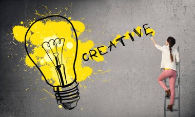 Genç kadın rahat çizim creativite fikir kavramı duvar