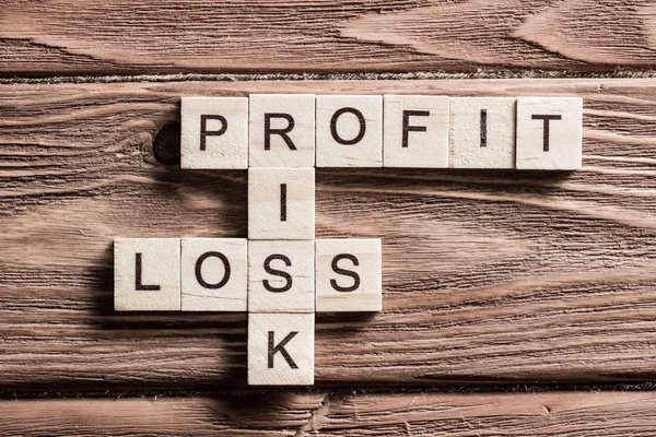 Profit Loss Risk Words Workplace Collected Wooden Cubes — Stock Photo, Image