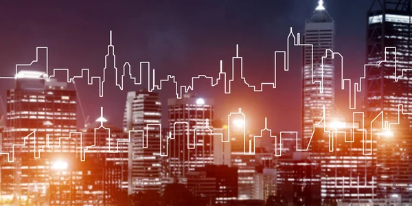 Modern night city scape glowing with lights and its drawn silhouette