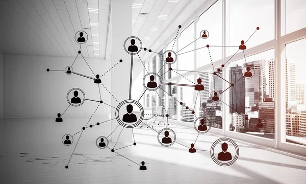 Modern ofis bulanık arka plan, ağ kavramı noktalı çizgiler bağlı 