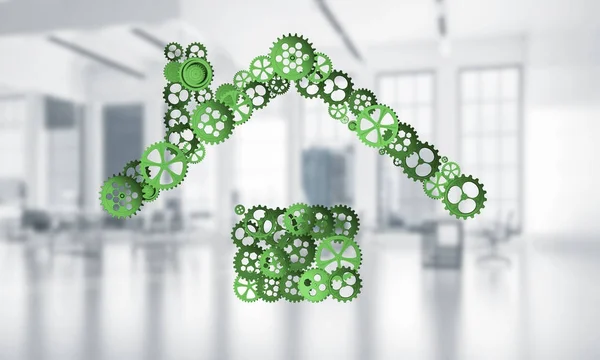 house sign made of connected gears with office interior on background, Real estate or construction concept, 3d rendering