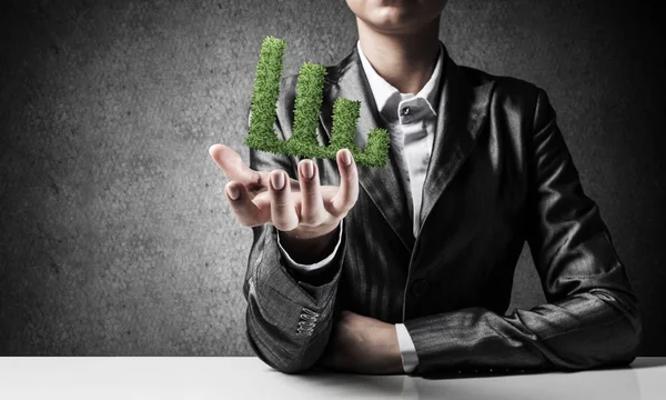 Businessman Suit Presenting Green Plant Form Growing Graph Hand Gray — Stock Photo, Image