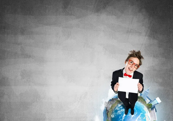 Top View Funny Businessman Red Glasses Showing Blank Paper Sheet — Stock Photo, Image