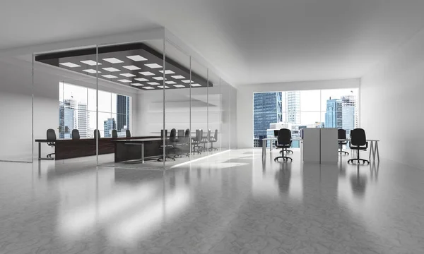 Modern empty elegant office with windows and workplaces, Mixed media