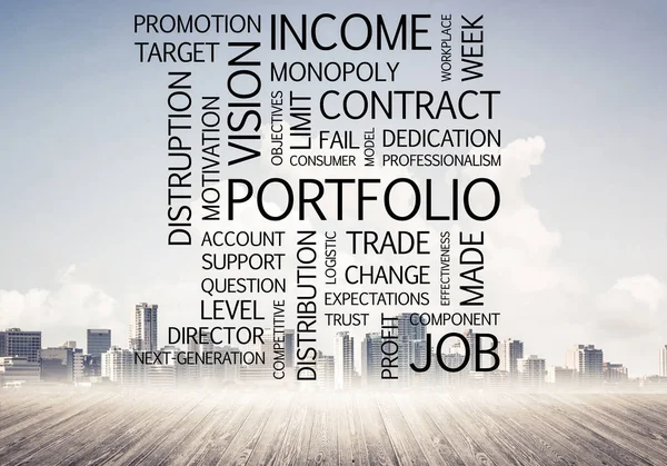Concept Modern Business Keywords Collage Cityscape Background — Stock Photo, Image