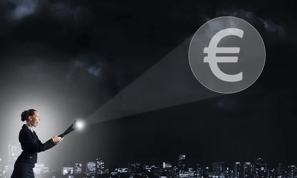 Young Elegant Businesswoman Flashlight Darkness Euro Currency Symbol — Stock Photo, Image