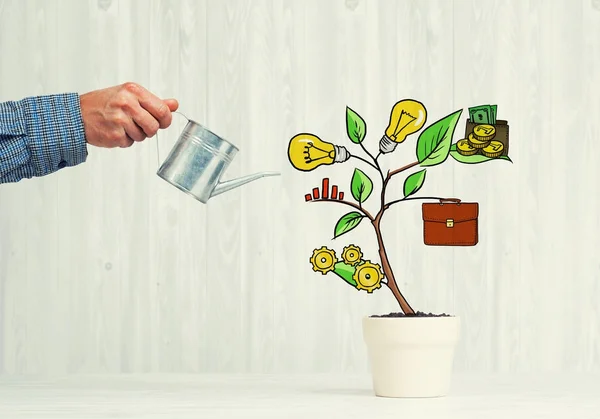 Hand Man Watering Concept Business Plan Strategy — Stock Photo, Image