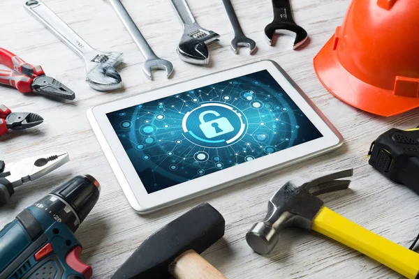 Tablet Security Concept Screen Industrial Tools Web Security Technology Concept — Stock Photo, Image