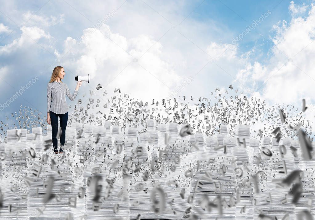 Woman in casual clothing standing on pile of documents with speaker in hand among flying letters with cloudly skyscape on background. Mixed media.