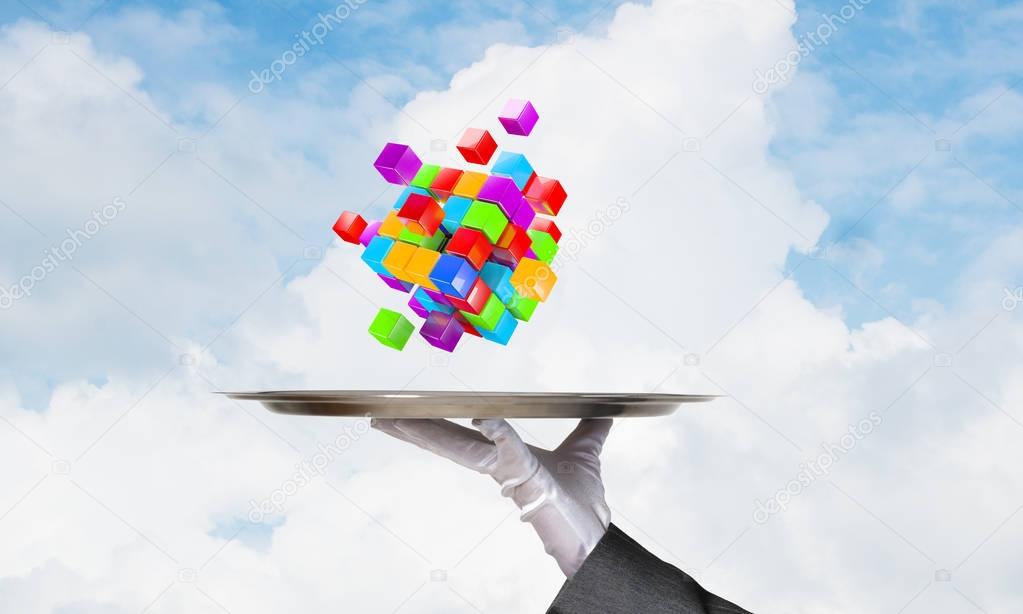Cropped image of waiter's hand in white glove presenting multiple cubes on metal tray with cloudy skyscape on background. 3D rendering.