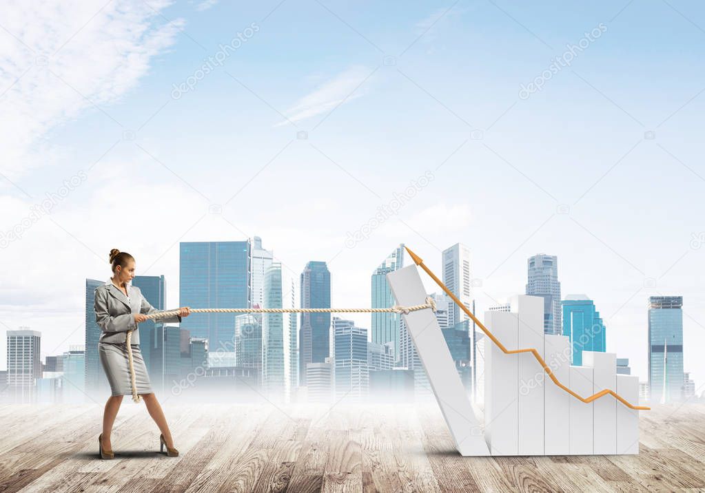 Businesswoman pulling graph with rope as concept of power and control