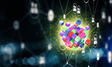 Dijital Küp şekil ve sosyal bağlantı çizgileri koyu arka plan, Internet kavramı ve ağ, 3d render