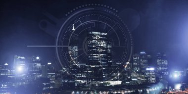 Gece parlayan şehre karşı sanal arayüzü olan arkaplan kavramsal görüntüsü