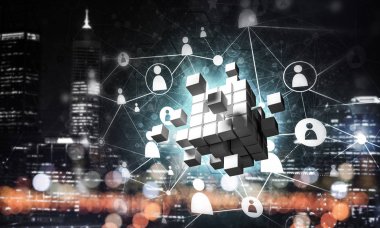 Dijital Küp şekil ve sosyal bağlantı çizgileri koyu arka plan, Internet kavramı ve ağ, 3d render