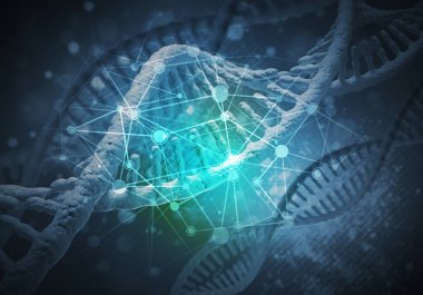 Dna molekülü araştırma kavramı, 3d render ile arka plan