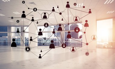 Modern ofis bulanık arka plan, ağ kavramı noktalı çizgiler bağlı 