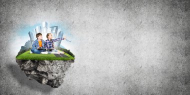 kitap üzerinde yüzen ada, eko kavramı oturan çocuklarla