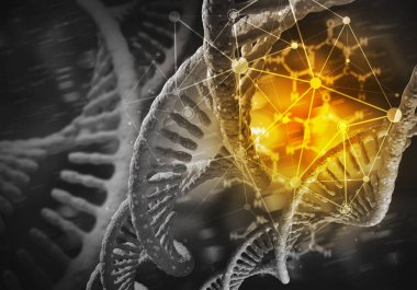 Dna molekülü araştırma kavramı, 3d render ile arka plan