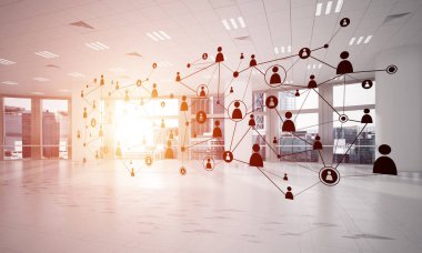 Modern ofis bulanık arka plan, ağ kavramı noktalı çizgiler bağlı 