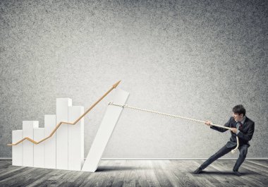 Genç adam grafik ip ile güç ve kontrol kavramı çekerek