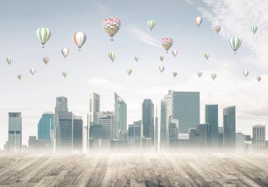 Sis ve balon gökyüzünde modern cityscape gökdelenler ve Binalar ile kaplı