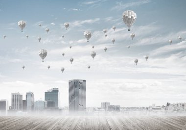 Sis ve balon gökyüzünde modern cityscape gökdelenler ve Binalar ile kaplı