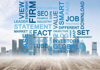 Şehir planında anahtar sözcükler kolajına sahip modern iş kavramı