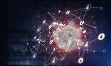 Dijital Küp şekil ve sosyal bağlantı çizgileri koyu arka plan, Internet kavramı ve ağ, 3d render