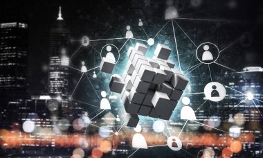 Dijital Küp şekil ve sosyal bağlantı çizgileri koyu arka plan, Internet kavramı ve ağ, 3d render