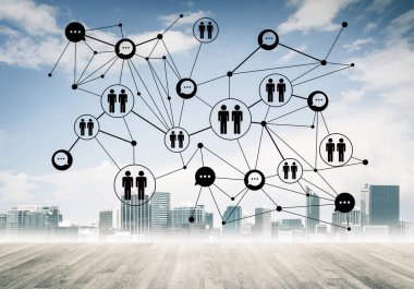 Ahşap zemin ve ekranda sosyal bağlantı kavramı ile ağ ile modern cityscape