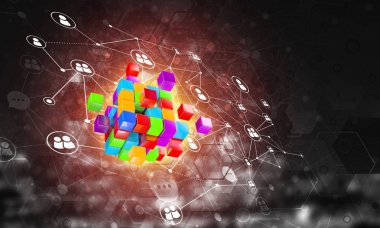 Dijital Küp şekil ve sosyal bağlantı çizgileri koyu arka plan, Internet kavramı ve ağ, 3d render