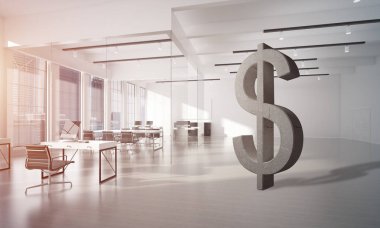 modern ofis iç, para verme ve zenginlik kavram, 3d render Doları sembol taş
