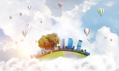 Gökyüzünde bulutların üzerinde yüzen binalar ve gökdelenlerle modern şehir manzarası